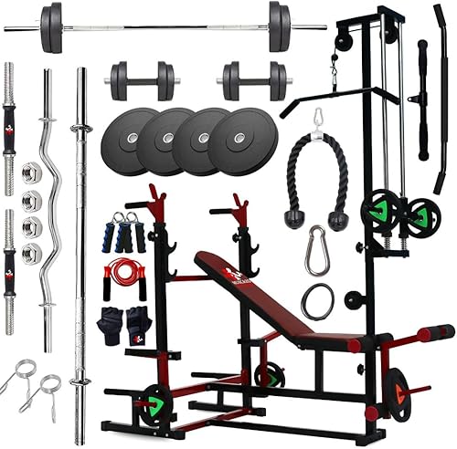 20 in 1 Home Gym Bench Pro with 50KG Rubber Weight Plates Combo Kit, Curl Rod, Straight Bar, Dumbbells, Plates, Skipping Rope, Gripper & Gloves, Full Body Workout Set, Ultimate Strength Kit — 55% Off on Amazon