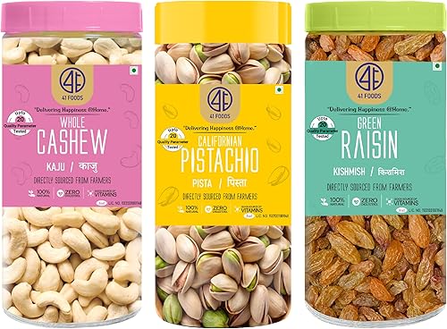 41 Foods Premium Dry Fruits Combo of Cashews Pistachios and Raisins | Pack of 3 | 250g Each | 750g — 43% Off on Amazon