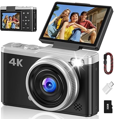 4K Digital Camera for Photography, 64MP Point and Shoot Digital Cameras with 16X Digital Zoom, 2.4‘’ 180°Flip Screen Compact Travel Camera Auto Focus Vlogging Camera for YouTube Video (Black) — 75% Off on Amazon