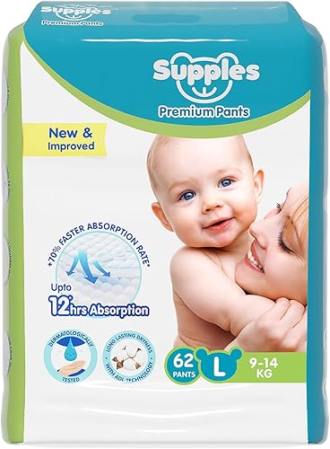Amazon Brand - Supples Premium Baby Diaper Pants | 62 Baby Diapers | Large | 9-14 Kg | 12 Hrs Absorption | Cushiony Cotton Soft Fabric | Phthalates-Free | Triple Leak Guard — 51% Off on Amazon