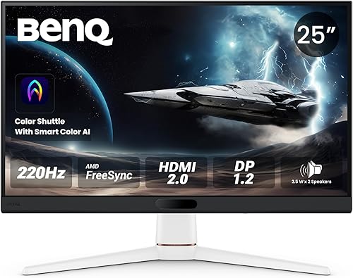 BenQ MOBIUZ EX251 24.5” FHD 220Hz Gaming Monitor, 1ms GtG, AMD FreeSync, DP 1.2, HDMI 2.0, USB Hub, 99% sRGB, Game Optimized Color, 2.5Wx2 Speakers, VESA Display HDR400 (White) — 35% Off on Amazon