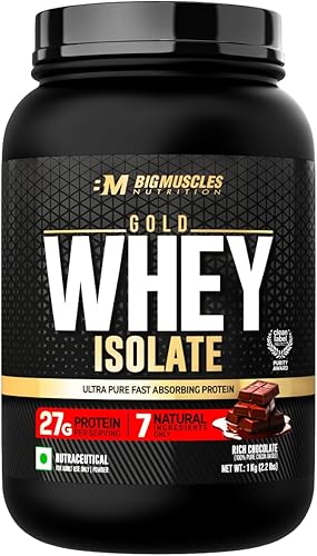 Bigmuscles Nutrition Gold Whey Isolate (1kg, Rich Chocolate) | 27g Whey Protein Isolate 90% | 7 Natural Ingredients Only | 0 Added Sugar | Clean Label Project Purity Award USA — 39% Off on Amazon
