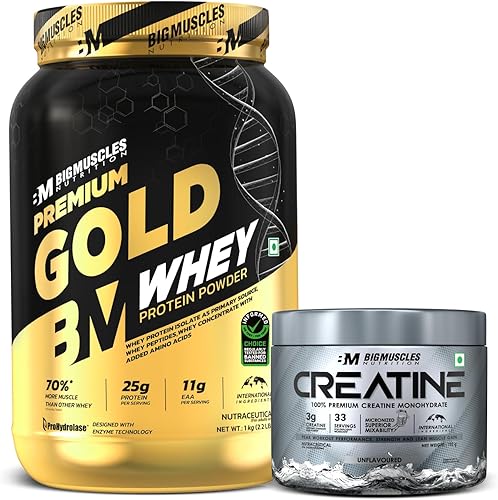 Bigmuscles Nutrition Premium Gold Whey [1 Kilogram] [Chocolate] & Creatine (100g, 33 Servings, Unflavoured) Combo | Informed Choice UK Certified | 3rd Party Lab Tested — 42% Off on Amazon