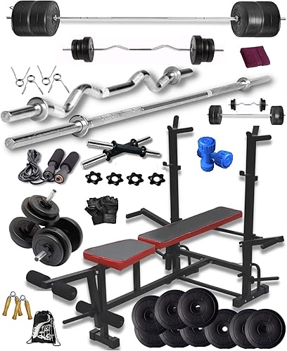 BodyFit PVC 8 in 1 Gym Bench, 3ft Curl + 5ft Plain Rod and 1 Pair Dumbbell Rods Home Gym Equipment Combo Set for Men (Black, 50 kg ) — 48% Off on Amazon