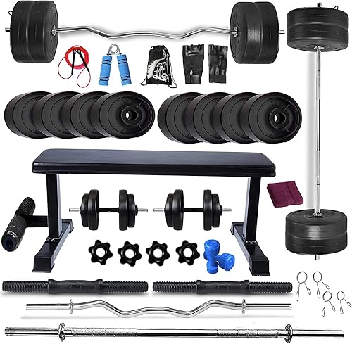 BodyFit Steel, PVC Home Gym Set Combo Kit, Equipment, (20Kg-100Kg) Weight Plates, 3Ft Curl, 5Ft Plain Rod, Flat Big Foot Bench,2 Pcs Dumbbell Rods,Fitness Exercise Set. (56 Kg Gym Set), Black — 60% Off on Amazon