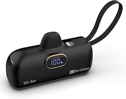 BonKaso 5000mAh Mini Power Bank 22.5W PD Fast Charging, USB-C Type-C Input/Output, Built-in i5 Cable, Digital LED Display, Compact Pocket Portable Charger for iPhone & Android – Black — 68% Off on Amazon