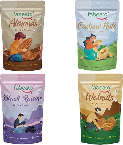 Fabeato Premium Dry Fruits And Nuts Combo (4 X 200 G) Almonds,Cashews,Walnut Kernels,Seedless Black Raisins, 800 Gram — 33% Off on Amazon