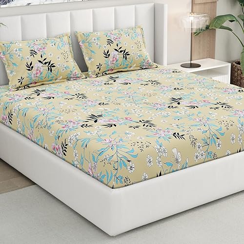 Fitted Double Bedsheet with 2 Pillow Covers, 200 TC Microfiber Double Bed Sheet, Floral Print, Beige, 72x78x10 Inch — 62% Off on Amazon