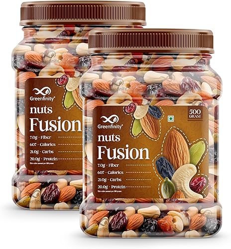 GreenFinity Mixed Dry Fruits Pack – 1kg (500g x 2) | Nutritious Snack with Almonds, Cashews, Raisins & Cranberries | Resealable Pack for Freshness — 23% Off on Amazon
