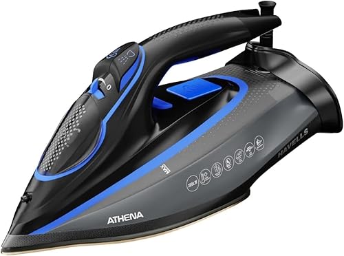 Havells Athena 3000 W Steam Iron with Smart i Sense Technology(No Fabric Burn), 2X Auto Shut Off, Vertical, Horizontal Ironing, Anti Drip, Self-Cleaning&Anti Scale Technology. (Black Blue), 3000 Watts — 44% Off on Amazon