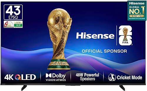 Hisense 108 cm (43 Inches) 4K Ultra HD Smart QLED TV | 48W Powerful Speakers | Dolby Atmos & HDR10+ | ALLM, VRR & Game Mode | Cricket Mode | AI 4K Upscaler | VIDAA OS | 43E75Q (Black) — 46% Off on Amazon