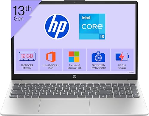 HP 15, 13th Gen Intel Core i3-1315U (12GB DDR4, 512GB SSD) FHD, Anti-Glare, Micro-Edge, 15.6’’/39.6cm, Win11, M365 Basic(1yr)* Office24, Silver, 1.59kg, fd0573TU, FHD Camera w/Shutter Laptop — 18% Off on Amazon
