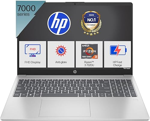 HP 15, AMD Ryzen 3 7320U (8GB LPDDR5, 512GB SSD) FHD, Anti-Glare, Micro-Edge, 15.6 inch/39.6cm, Win 11, Office 21, Silver, 1.59kg, fc0154AU, AMD Radeon Graphics, 1080p FHD Camera Laptop — 23% Off on Amazon