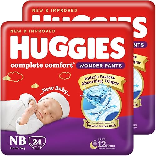 Huggies Complete Comfort Wonder Pants | Pant Style Baby Diapers Newborn Size (NB/XS), 48 Count | India’s Fastest Absorbing Diaper, Prevents Diaper Rash, Ideal for 0-5 Kgs (24 Count, Pack of 2) — 30% Off on Amazon