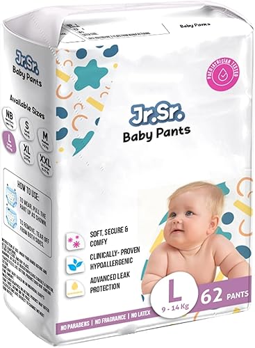 Jr. Sr. Baby Diaper Pants | Large (L) Size (9-14 kg), 62 Count | Pack of 1 | Upto 12 hr Absorption with Advanced Leak Protection | Safe For Babies Skin | Soft, Secure & Comfy — 52% Off on Amazon