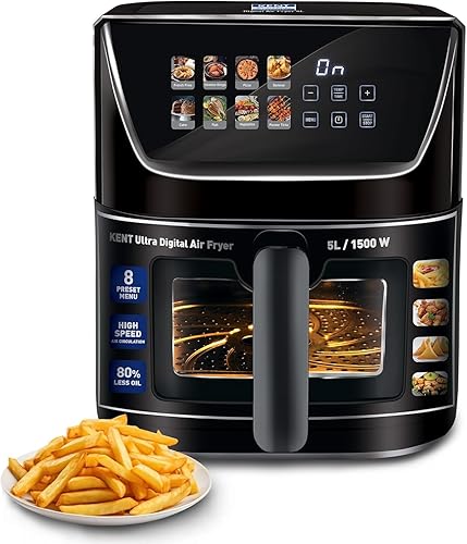 KENT Ultra Digital Air Fryer 5L | 1500W | Bake, Grill & Roast | Up to 80% Less Oil Usage |8 Preset Menu|Rapid Heat Circulation |Digital Display & Touch Control Panel |Glass Window with in built Light — 59% Off on Amazon