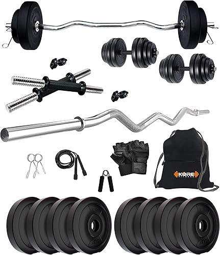Kore PVC 16 Kg Home Gym Set With One 3 Ft Curl And One Pair Dumbbell Rods With Gym Accessories, Black — 73% Off on Amazon
