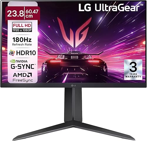 LG 24GS65F 60.47cm (23.8 Inch) UltraGear FHD (1920x1080) IPS Gaming Monitor with 180Hz, 1ms (GtG), HDR10, NVIDIA G-SYNC Compatible, AMD FreeSync, HDMI, Tilt/Height/Pivot Adjustable, Anti-Glare (Black) — 45% Off on Amazon