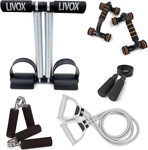 LIVOX Gym Equipment Set for Home Workout Men Women Full Body Gym Equipment Kit – Tummy Trimmer, Resistance Band, Pushup Stand, 2 Hand Gripper, and Skipping Rope — 60% Off on Amazon