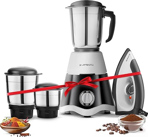 Longway Super Dlx Mixer Grinder with Kwid 1100W Dry Iron | Up to 700 Watt Powerful Motor | 3 Jars for Grinding, Mixing, Juicing | 2 Year Warranty (Black & Gray, Combo Offer) — 62% Off on Amazon