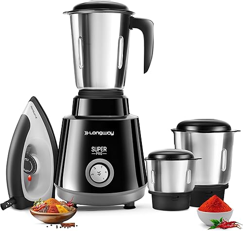 Longway Super Pro Mixer Grinder with Kwid 1100W Dry Iron | Up to 700 Watt Powerful Motor | 3 Jars for Grinding, Mixing, Juicing | 2 Year Warranty (Black & Gray, Combo Offer) — 61% Off on Amazon