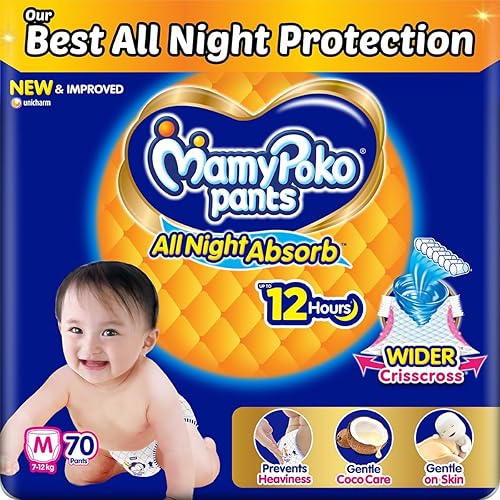 Mamypoko pants All night absorb| Pant Style Baby Diapers Medium Size(M), 70 Count, Ideal for 7-12Kgs|1 Diaper= Upto All night Absorption|Wider Crisscross Sheet|Gentle Coco Care| 12hr Leakage Protection| Prevents Heaviness. — 40% Off on Amazon