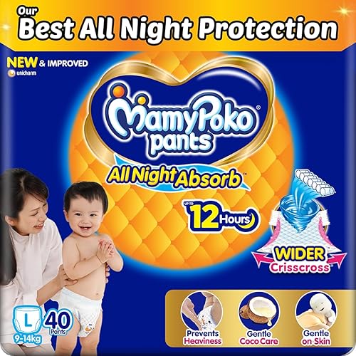 Mamypoko pants All night absorbPant Style Baby Diapers Large Size(L), 40 Count, Ideal for 9-14Kgs1 DiaperWider Crisscross SheetGentle Coco Care12hr Leakage ProtectionPrevents Heaviness. — 32% Off on Amazon