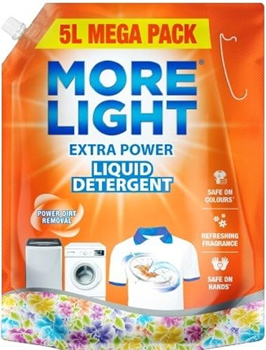 More Light Extra Power Liquid Detergent 5 Litre Pouch with Enzymatic Action Removes Tough Stain | Laundry Liquid Detergent with Refreshing Fragrance for Bucket Wash, Top Load & Front Load Machines — 33% Off on Amazon