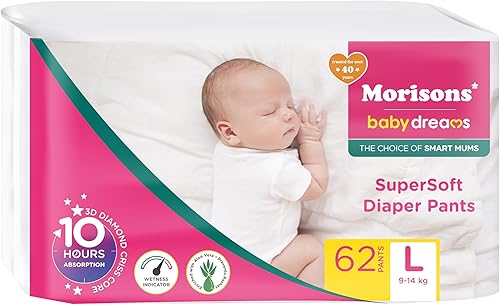 Morisons* babydreams THE CHOICE of SMART MUMS Baby Supersoft Diaper Pants Large - L (62 Pieces), 1741 grams — 49% Off on Amazon