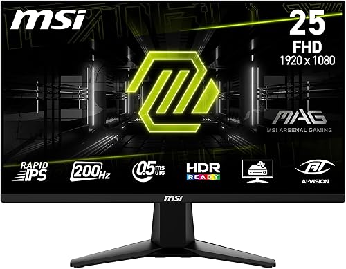 MSI MAG 255F E20 24.5-Inch FHD 1920x1080 Gaming Monitor, 200Hz, 0.5ms, HDR Ready, AMD FreeSync Premium, Eye Care, AI Vision, HDMI 2.0b, DP 1.2a, Frame-Less, Tilt Adjustable, Vesa Mount, Black — 27% Off on Amazon