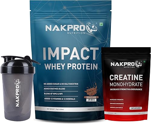 NAKPRO Impact Whey Protein Supplement Powder Combo (1 kg with Creatine & Shaker, Chocolate) — 52% Off on Amazon