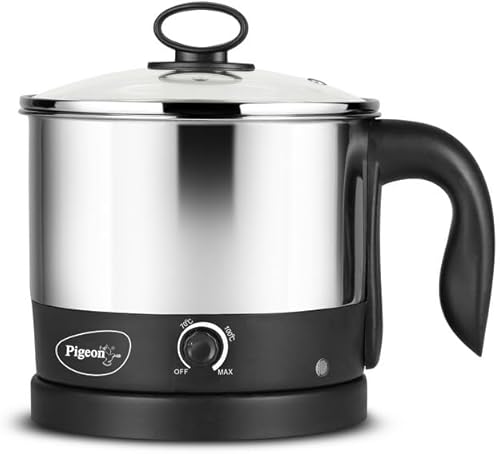 Pigeon Kessel Multipurpose Kettle (12173) 1.2 litres with Stainless Steel Body, used for boiling Water and milk, Tea, Coffee, Oats, Noodles, Soup etc. 600 Watt (Black & Silver) — 47% Off on Amazon
