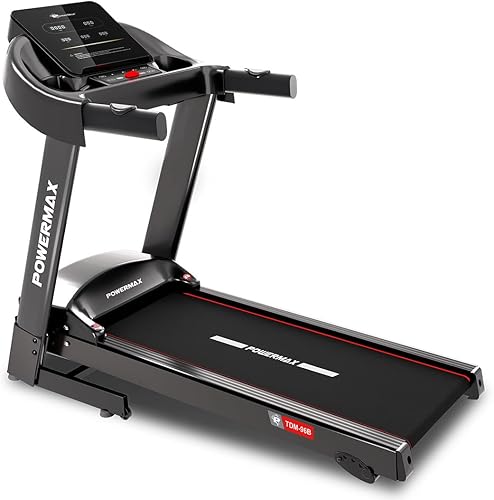 PowerMax Fitness TDM-96B 4HP DC Treadmill for Home | 110KG Max User Running Machine | 14km/hr Top Speed, 4-Level Manual Incline | Bluetooth for app, Speaker, Mp3 | Foldable Cardio Machine, LED Display — 66% Off on Amazon