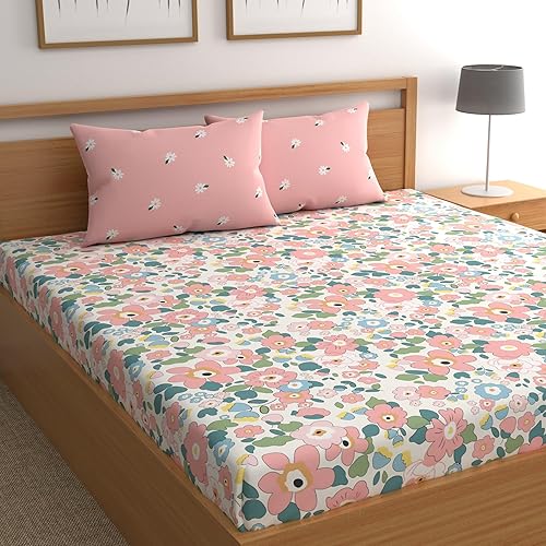 Prime Collections 180TC Glace Cotton Breathable Supersoft Wrinkelfree Double Flat Bedsheet with 2 King Size Pillow Covers (Pink Multi, Flat) — 83% Off on Amazon