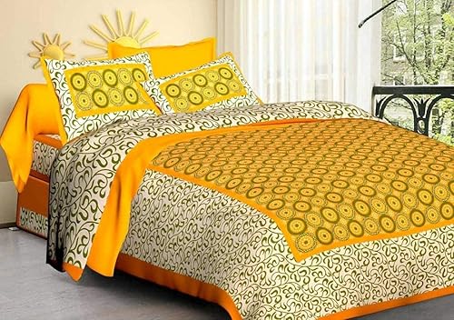 RajasthaniKart® Pure 100% Cotton Double Bed Sheet with 2 Pillow Covers (Bedsheet for Double Bed Cotton, Yellow Golla Jaipuri, King Size,5232) — 79% Off on Amazon