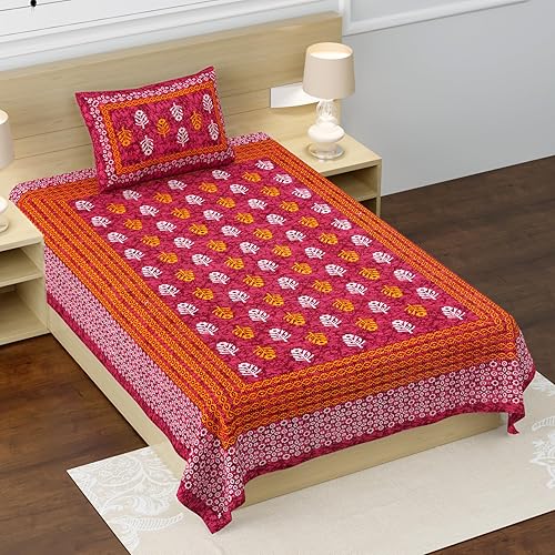 RajasthaniKart® Pure 100% Cotton Single Bed Sheet with 1 Pillow Cover (Bedsheet for Single Bed Cotton, Red Small Booty) — 69% Off on Amazon