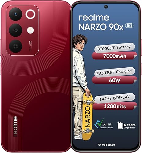 realme NARZO 90x 5G (Maroon Red,4GB+128GB) | 7000mAh + 60W Biggest Battery & Fastest Charging in The Segment* | 144Hz Bright Display | Sony 50MP AI Rear Camera | AI Assist | 400% Ultra Boom Speaker — 19% Off on Amazon