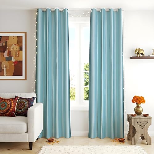 Sky Blue Polyester Door Curtains 7 Feet | Darkening Faux Texture Plain Drapes with Eyelets | Set of 2 Panels for Living Room, Bedroom & Office — 60% Off on Amazon